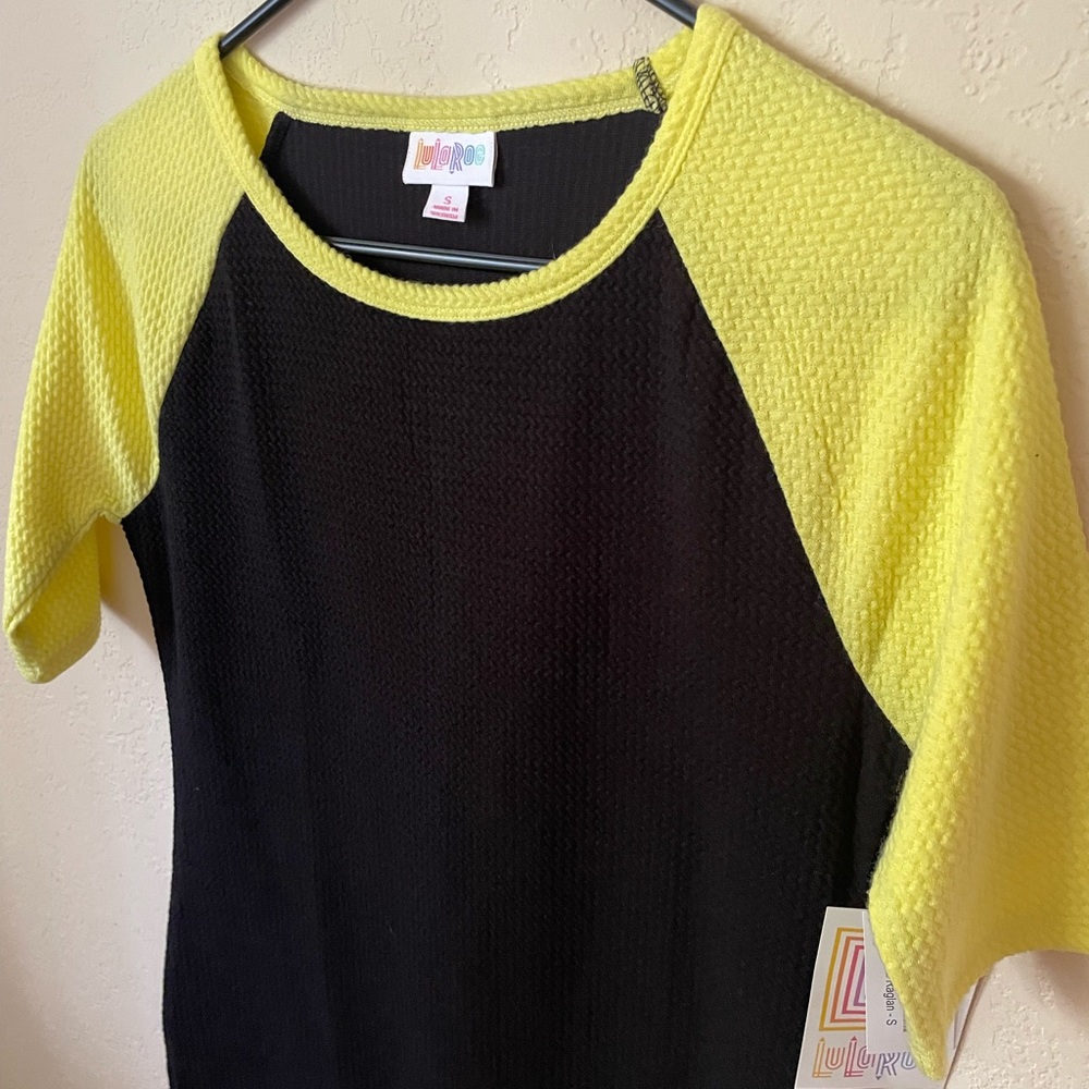 **NWT** Size S LuLaRoe Julia fitted dress, black with yellow raglan sleeves